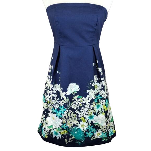 A Old Navy Women's Blue Floral Strapless A Line Fit & Flare Canvas Dress Size 0 - Picture 1 of 13